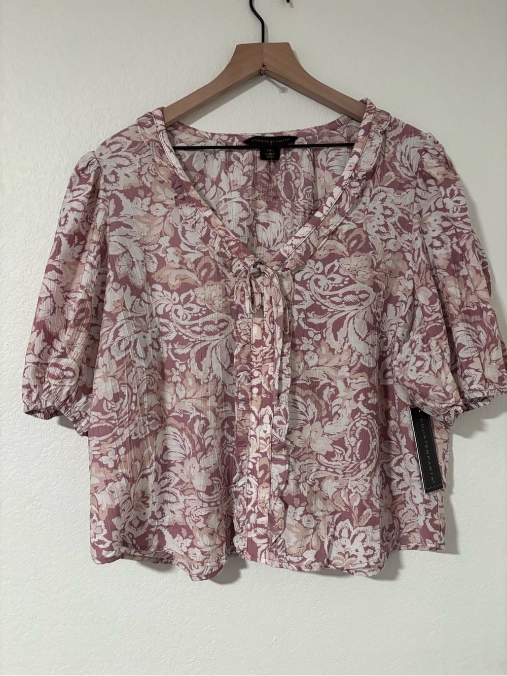 Counterparts Rose Floral Tie-Neck Blouse Cottagecore Size XL NWT